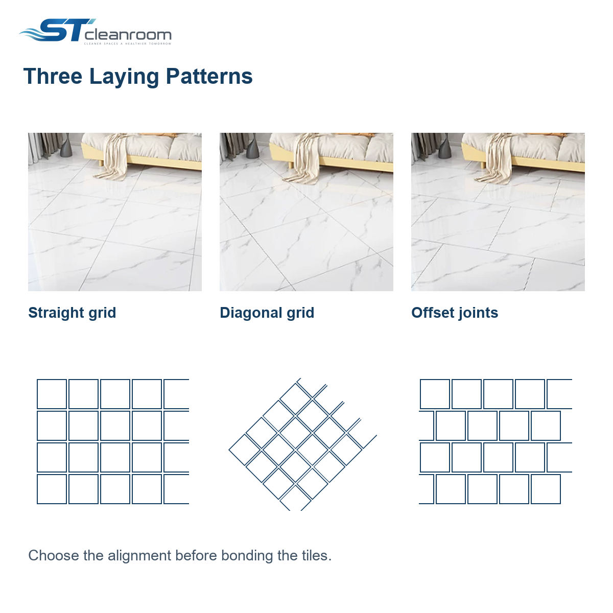 Self-Adhesive PVC Floor Tiles — Three tile laying patterns