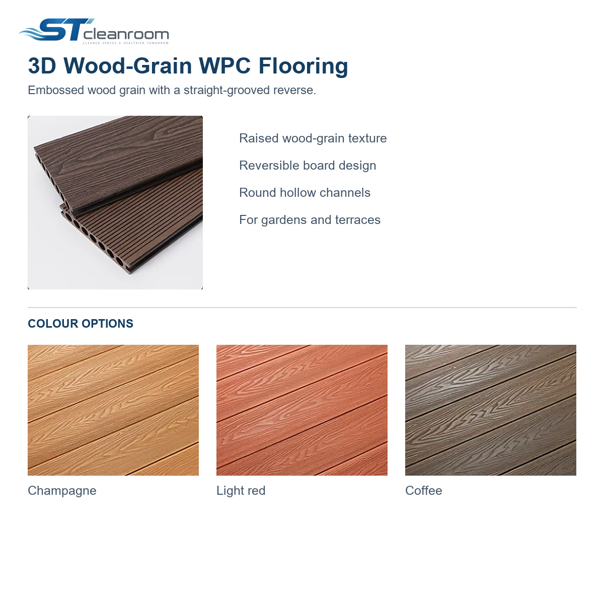 WPC Flooring — 3D wood-grain finish and three colour options