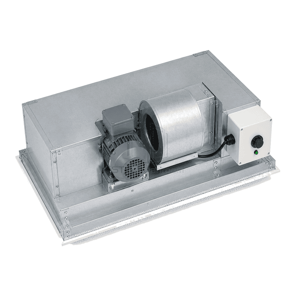 Top-down view of the AC fan filter unit blower scroll, capacitor and rotary control
