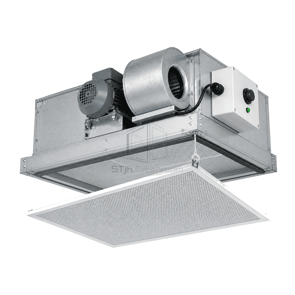 Complete AC FFU showing ceiling flange, filter compression seal and local wiring enclosure