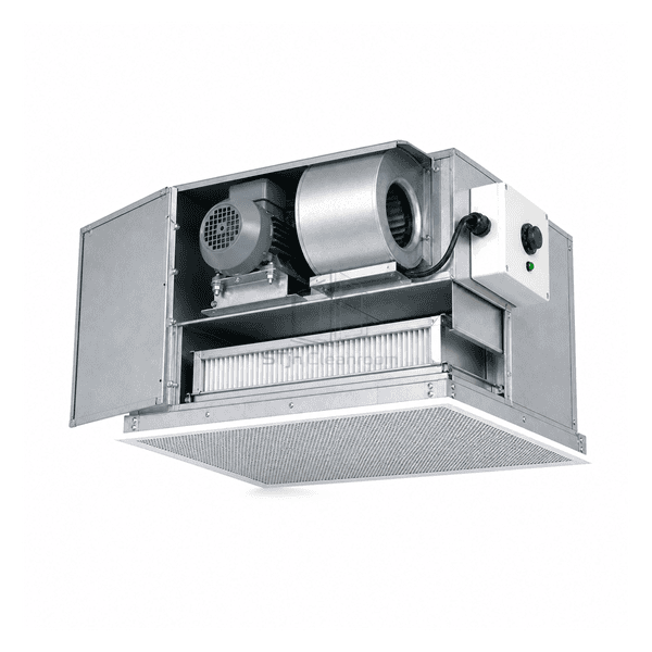Open service-side view of the AC fan filter unit showing motor, plenum and filter pack