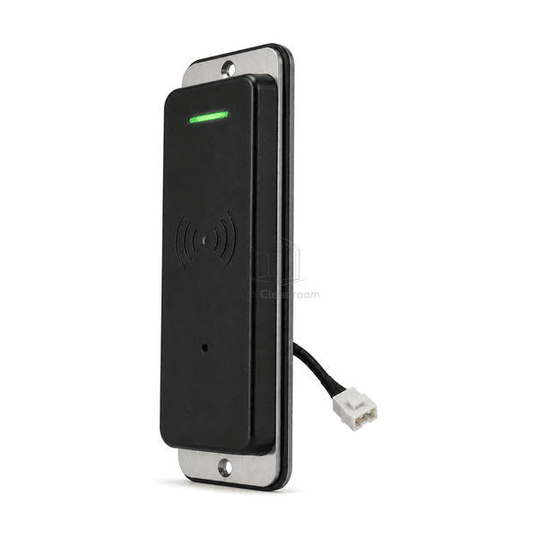 Low right-side view showing the sealed access reader housing depth perimeter gasket and rear cable