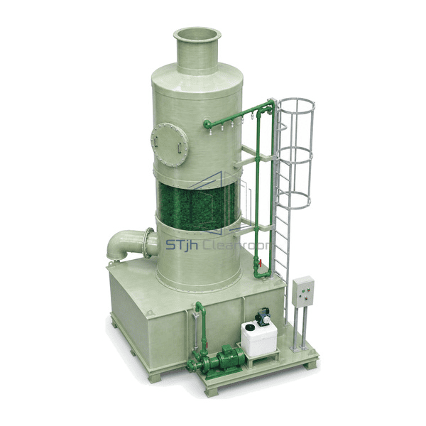 Acid and alkali gas scrubber complete elevated rear-right view showing top outlet, rear spray piping and counter-current tower layout
