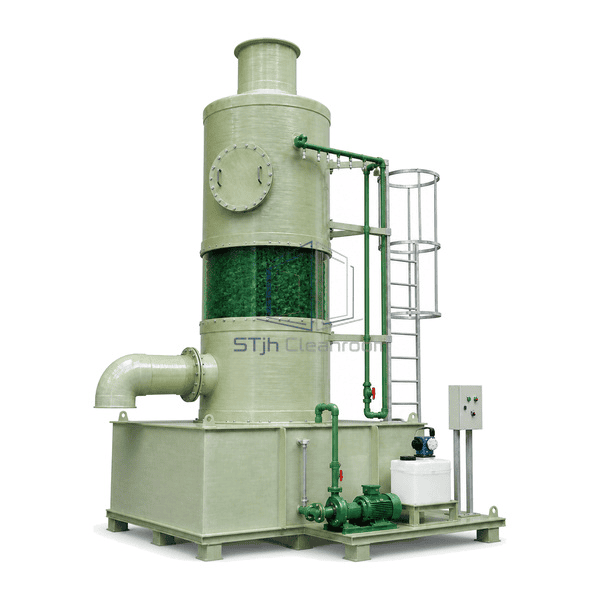 Acid and alkali gas scrubber complete low front-left view emphasizing inlet flange, pump unions, spray-loop connection and sump drain