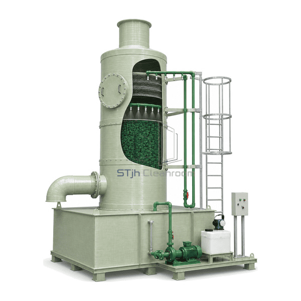 Acid and alkali gas scrubber complete left-side technical view revealing packing, spray header and top mist eliminator