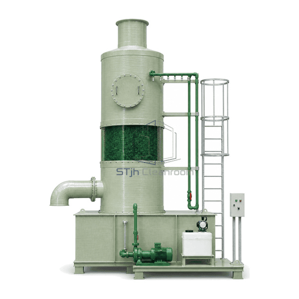 Acid and alkali gas scrubber complete upright front view showing full tower height, sump, circulation pump and dosing package