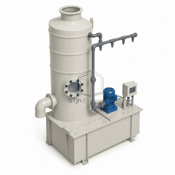 Acid mist purifier complete elevated rear-left view revealing the top outlet, spray-header return and integral sump footprint