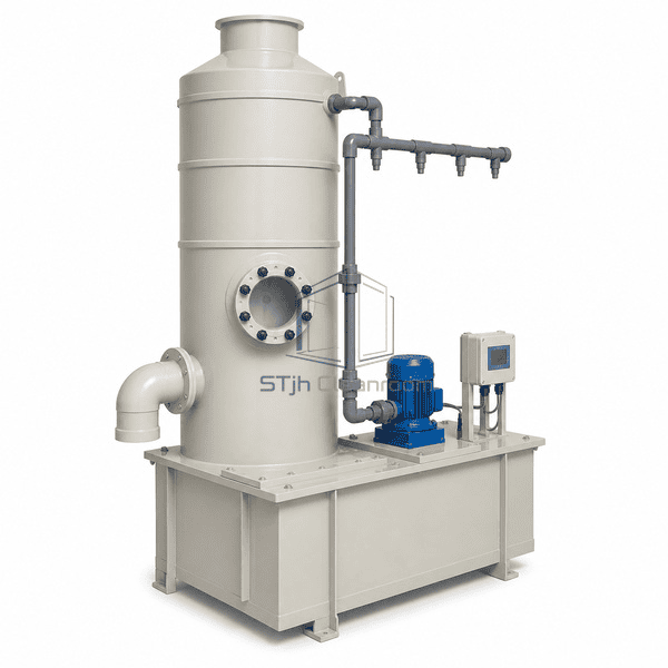 Acid mist purifier complete low opposite-side view emphasizing the PP inlet flange, pump union and welded sump-to-tower interfaces