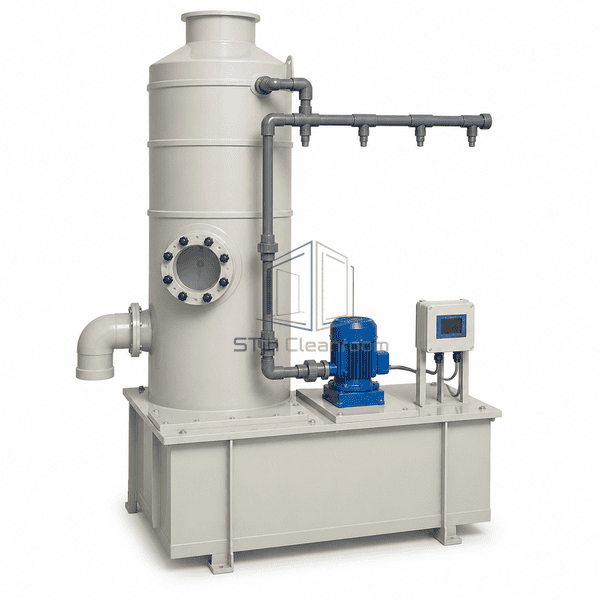 Acid mist purifier complete right-side view emphasizing the low inlet elbow, packed section access and recirculation pump