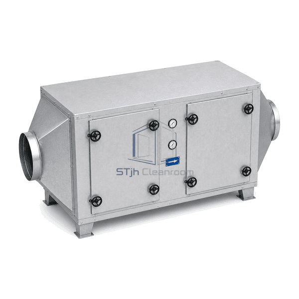 Activated carbon exhaust unit complete elevated opposite-side view emphasizing horizontal airflow path, tapered transitions and support feet