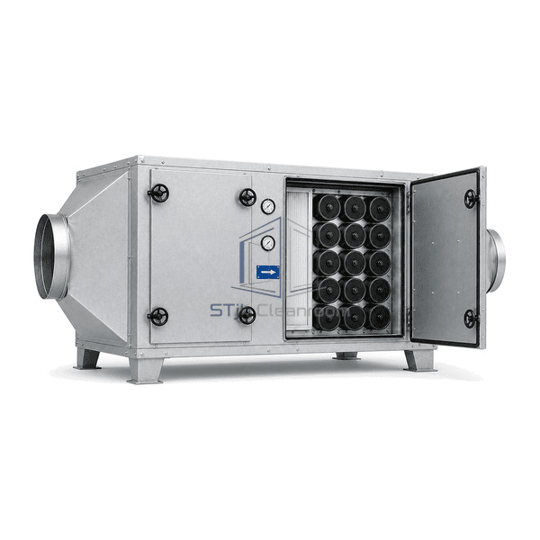 Activated carbon exhaust unit complete low open-door view emphasizing cartridge bayonet bases, door gasket and handwheel sealing interface