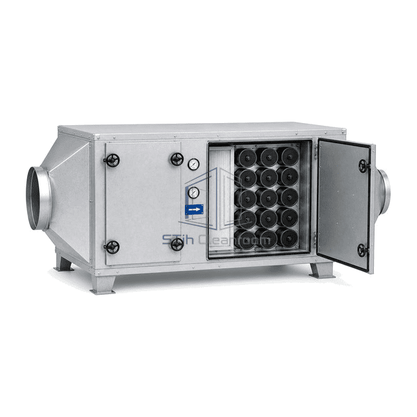 Activated carbon exhaust unit complete service-side view with modular cartridge bank and separate upstream pleated prefilter