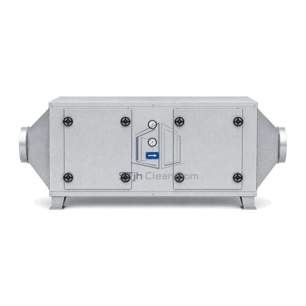 Activated carbon exhaust unit complete closed side elevation showing access doors, eight handwheel latches, gauges and transitions