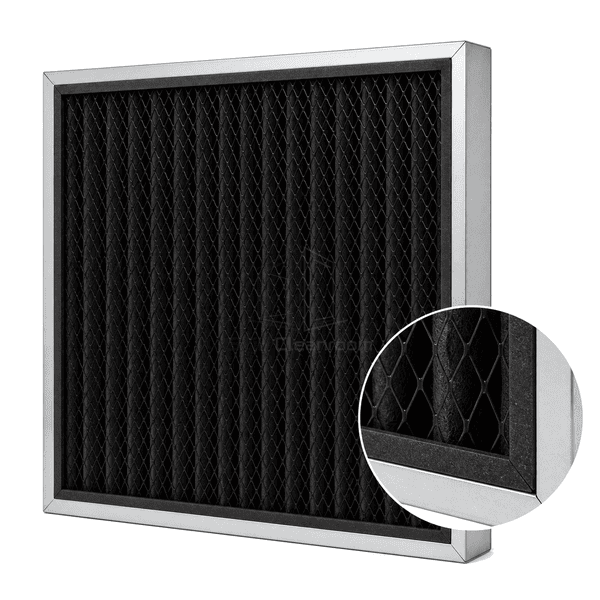 Close view of activated carbon granules retaining mesh and perimeter gasket