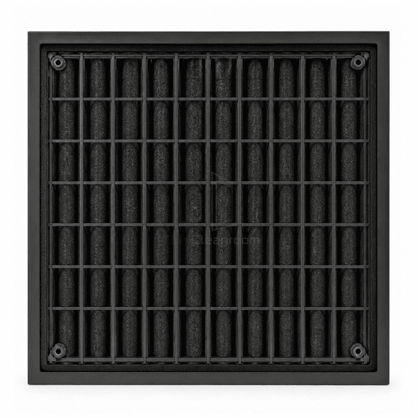 Straight rear service view of the carbon pleated filter with downstream support grid perimeter seal and retaining points