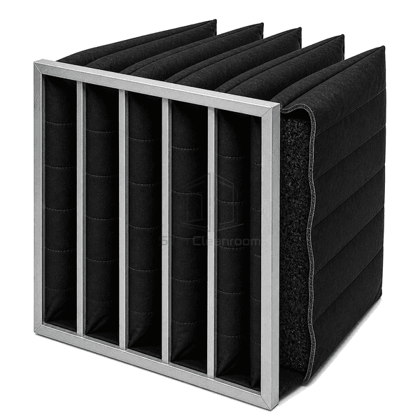 Side view showing long composite carbon filter pockets and spacers