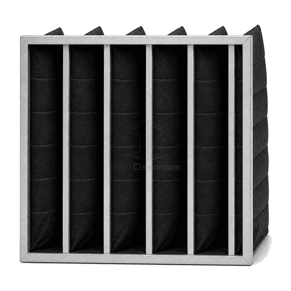 Upright front view of carbon pocket filter header and open pockets