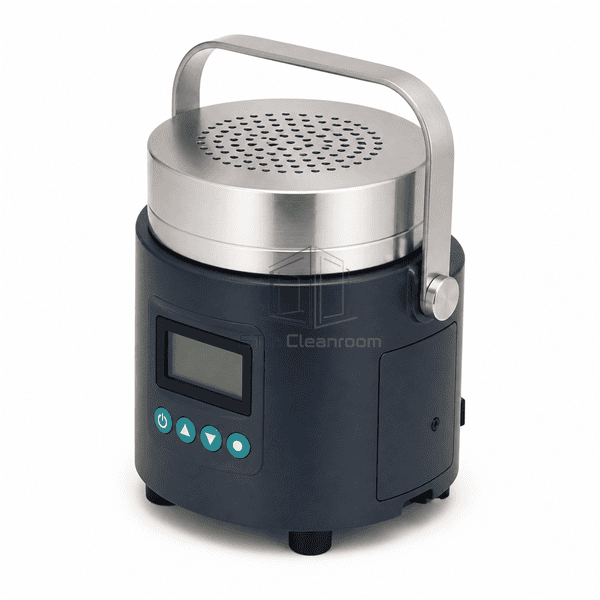Right-side view of viable air sampler showing cylindrical housing and removable sampling head seam