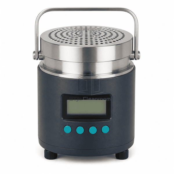 Front elevation of active air microbial sampler showing blank display and control buttons