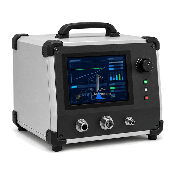 Aerosol photometer side view showing handle and sample connections