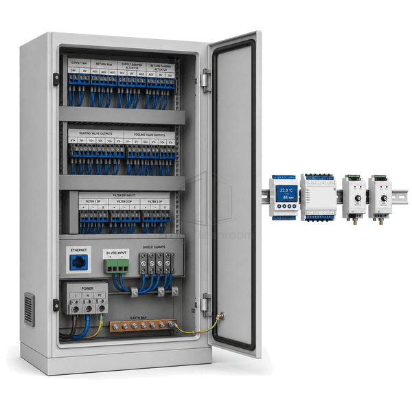 Rear three-quarter view of the entire AHU control cabinet with labeled damper, coil-valve and filter-pressure terminal groups clearly exposed