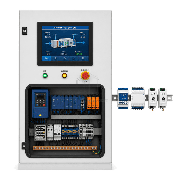 Front view of the cleanroom AHU control panel and status indicators