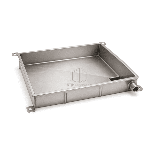 Low service view of the AHU drain pan welded sump and single threaded outlet