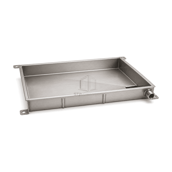 Low right-side view showing the shallow AHU drain pan depth rim and threaded drain