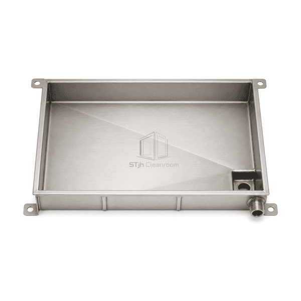 Straight front view of the sloped AHU drain pan with four mounting ears and one outlet