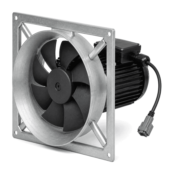 Oblique service view of the AHU fan motor box, cable gland and mounting corner
