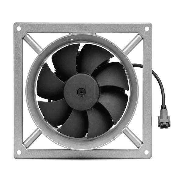 Straight front view of the AHU fan frame, shroud and nine-blade impeller