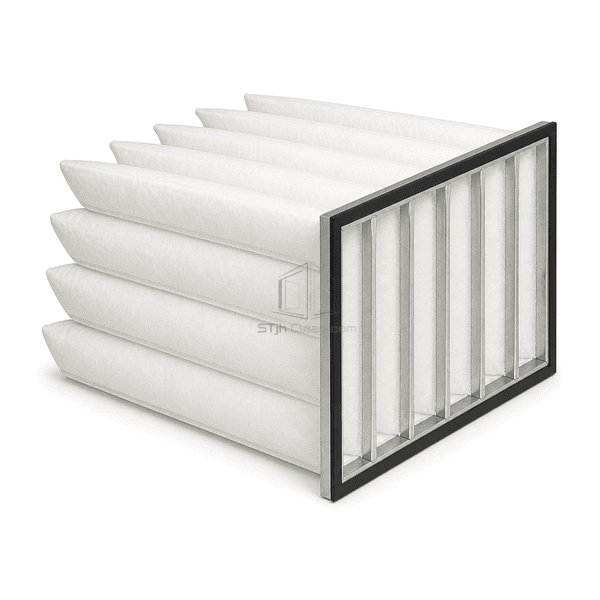 Horizontal rear-oblique view of the complete six-pocket AHU replacement filter