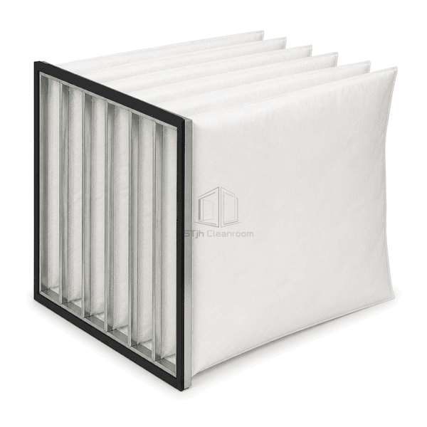 Near-profile side view showing the full depth and six glass-fiber bags of the AHU replacement filter