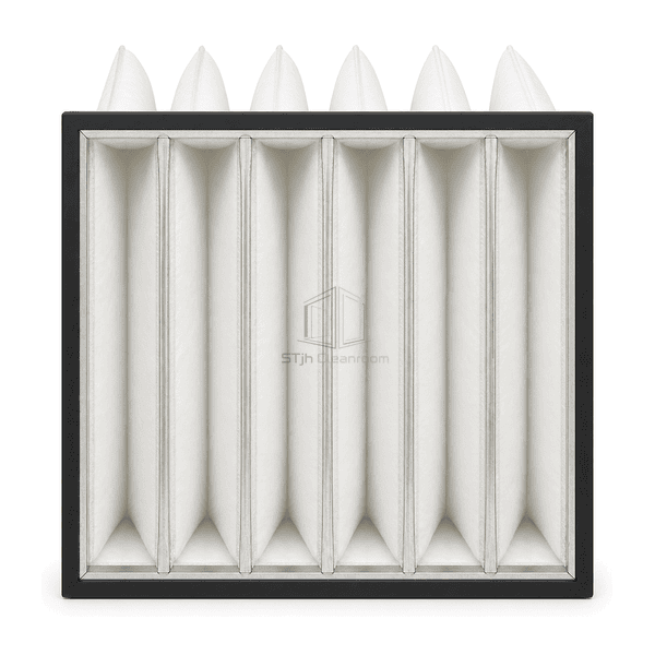 Straight front view showing six separate pockets and the black gasket of an AHU replacement filter