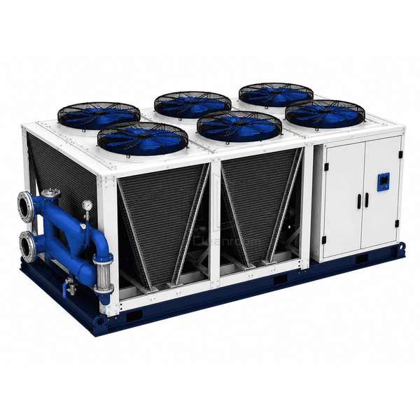 Close view of air-cooled chiller condenser coil fan and hydronic connections