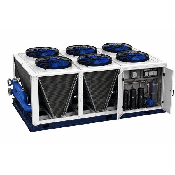 Cutaway air-cooled chiller showing compressors evaporator coils and fans