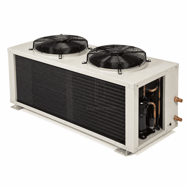 High rear view of the complete air-cooled condensing unit