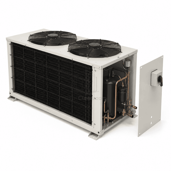 Air-cooled condensing unit with compressor and refrigerant service panel open