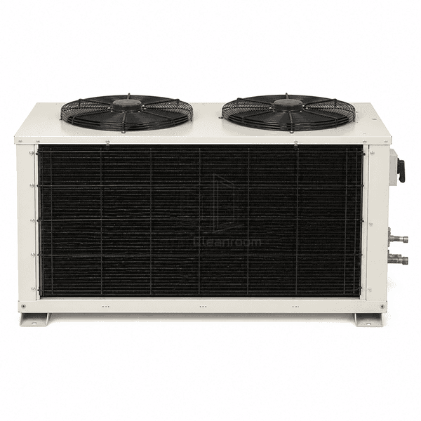 Front elevation of the same twin-fan air-cooled condensing unit