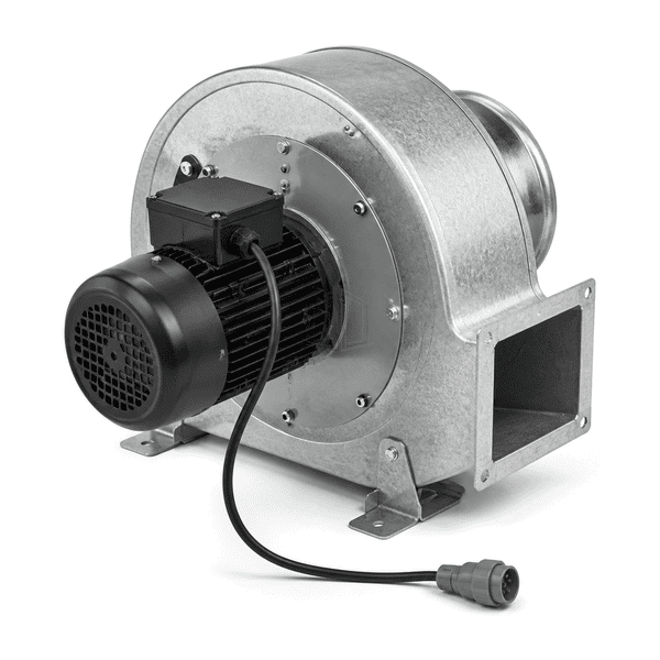 Rear horizontal view of the complete air shower blower motor and housing
