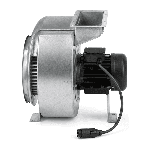 Side profile showing the air shower blower scroll depth, motor and outlet