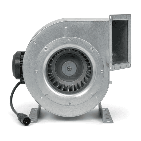 Straight inlet view of the air shower blower wheel and rectangular discharge