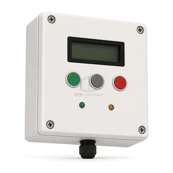 Low service view of the air shower controller cable gland and enclosure joint