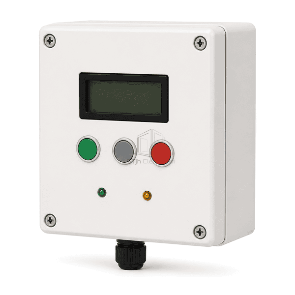 Side profile showing air shower controller enclosure depth and lid seam
