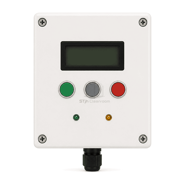 Straight front view of the air shower controller display buttons and status lights