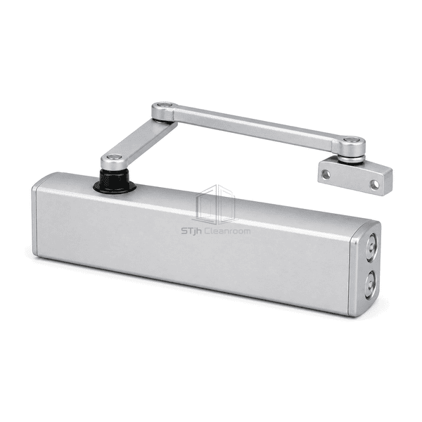 Side profile showing air shower door closer body spindle and arm depth