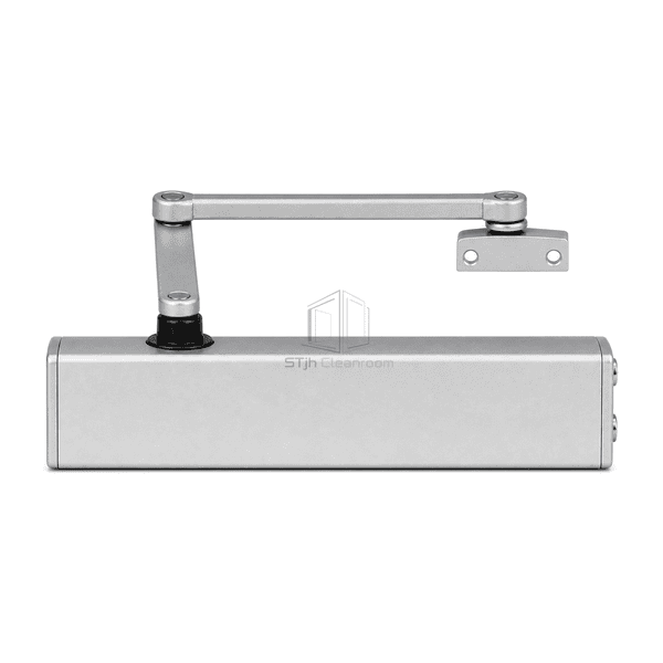 Straight front view of the air shower closer body arm and frame shoe