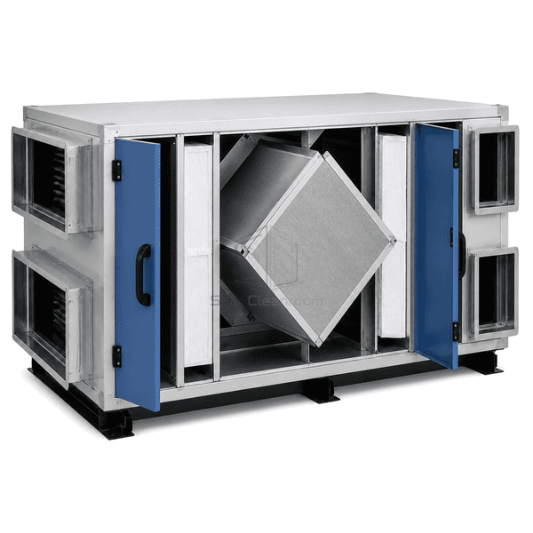 Open plate recovery unit showing aluminum exchanger cassette and separate passages