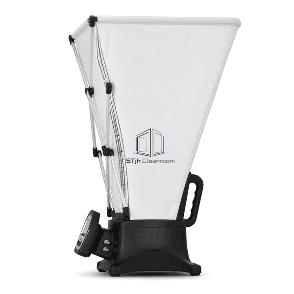 Airflow capture hood side view showing fabric cone and sensing base