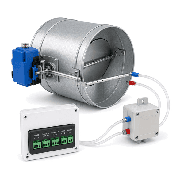 Three-quarter view of the entire airflow package with paired pressure tubes and the direct-coupled damper shaft connection clearly exposed